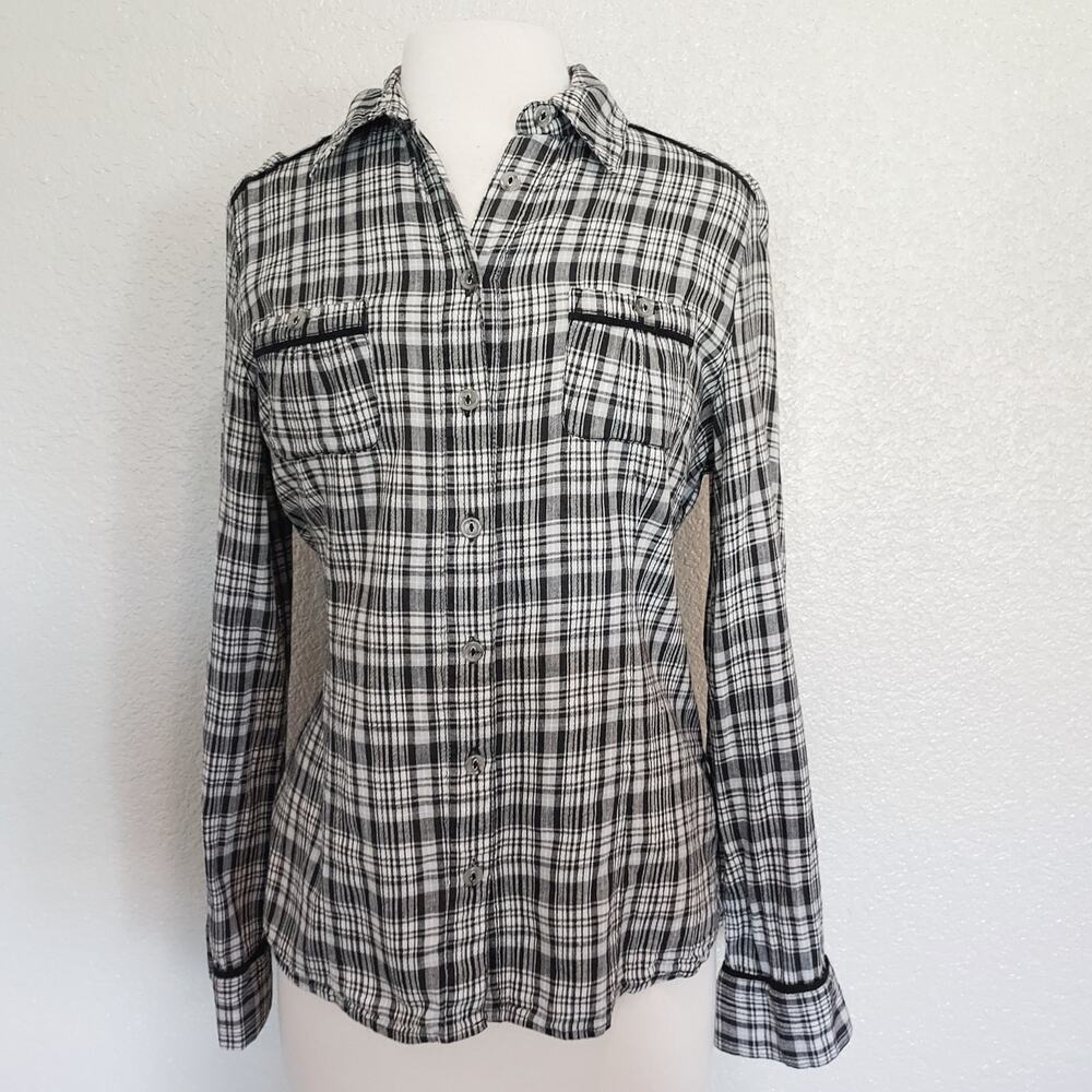 Miss Ashley Black & White Plaid Long Sleeve Button Down Size M